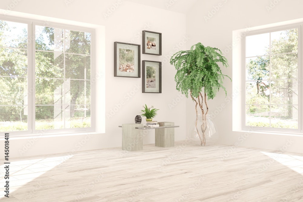 Fototapeta premium White empty room with green landscape in window. Scandinavian interior design. 3D illustration