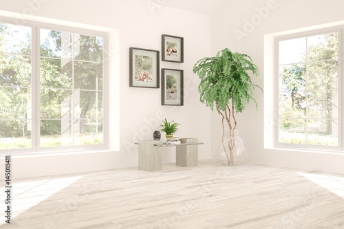 White empty room with green landscape in window. Scandinavian interior design. 3D illustration
