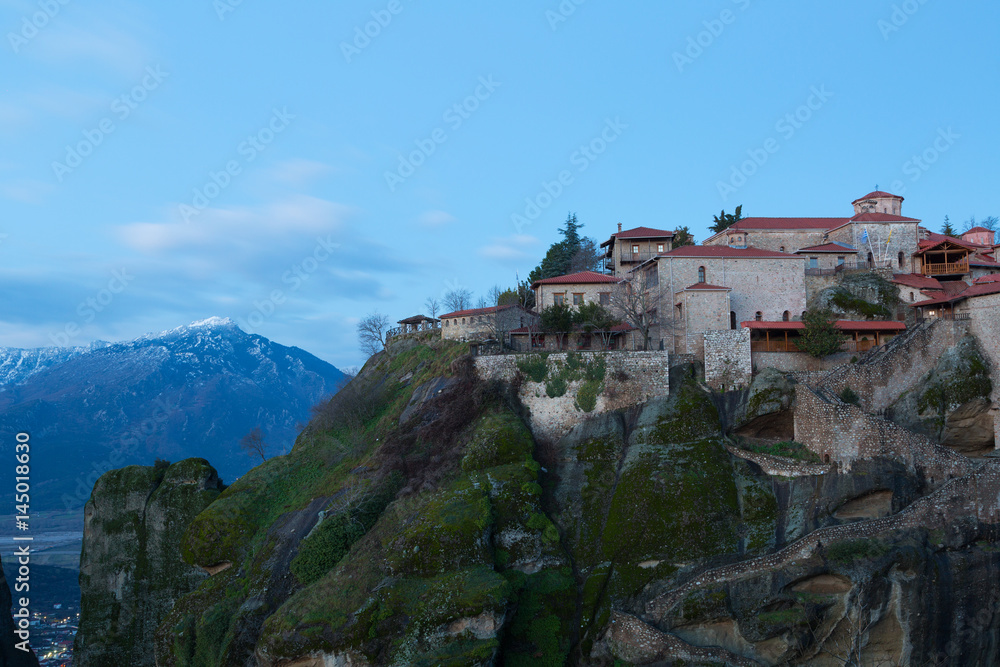 Monastery of Great Meteoron is the largest monastery at Meteora in Greece before sunrise
