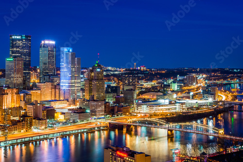 Skyline of Pittsburgh  Pennsylvania at night from mount washington in spring