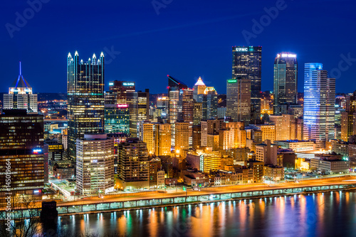 Skyline of Pittsburgh  Pennsylvania at night from mount washington in spring