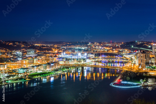 Skyline of Pittsburgh, Pennsylvania at night from mount washington in spring