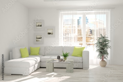 White room with sofa and urban landscape in window. Scandinavian interior design. 3D illustration © AntonSh