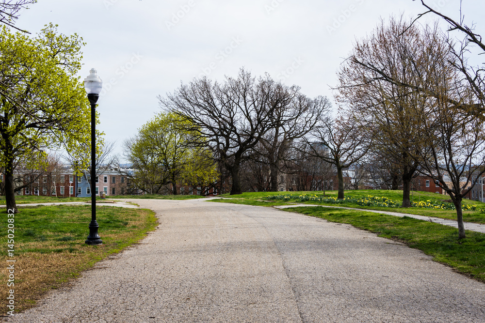 Spring landscape of patterson park with flowers in baltimore maryland