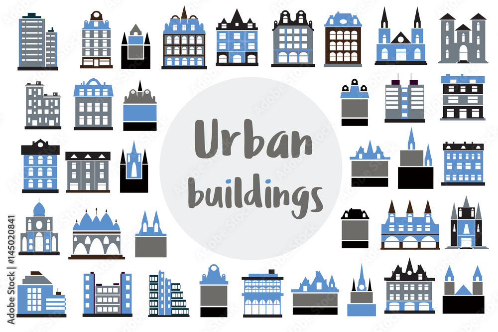 Set of flat icons of city building, hotels, offices, houses