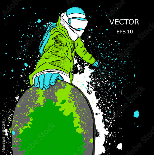 Snowboarder with a snowboard. Grunge background with blots. Vector illustration