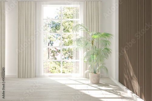 White empty room with green landscape in window. Scandinavian interior design. 3D illustration