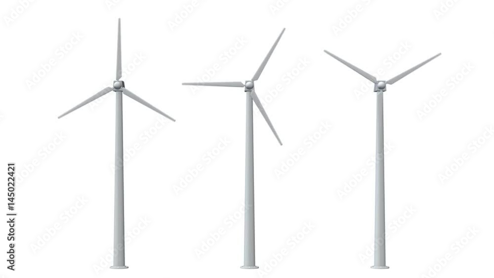 Seamless looping animation of wind turbines spinning. 3D render footage in FullHD with alpha matte Seamless looping animation of wind turbines spinning. 3D render footage in FullHD with alpha matte