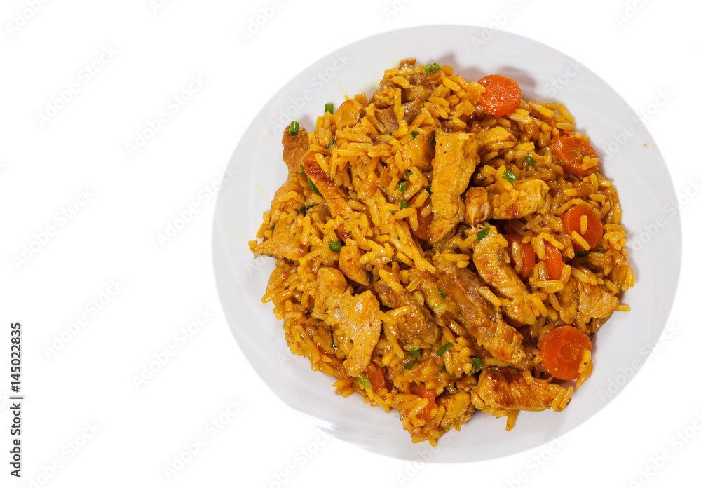 meat with rice and vegetables. top view. isolated on white meat with rice and vegetables. top view. isolated on white
