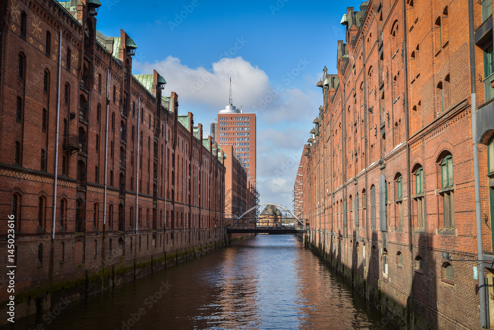 Famous Speicherstadt warehouse district with blue sky in Hamburg, Germany