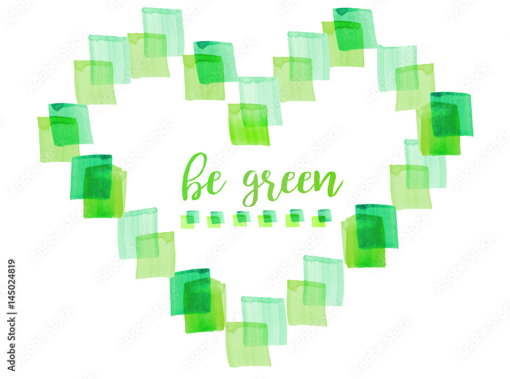 Watercolor green heart made of squares on white background.. Eco friendly illustration