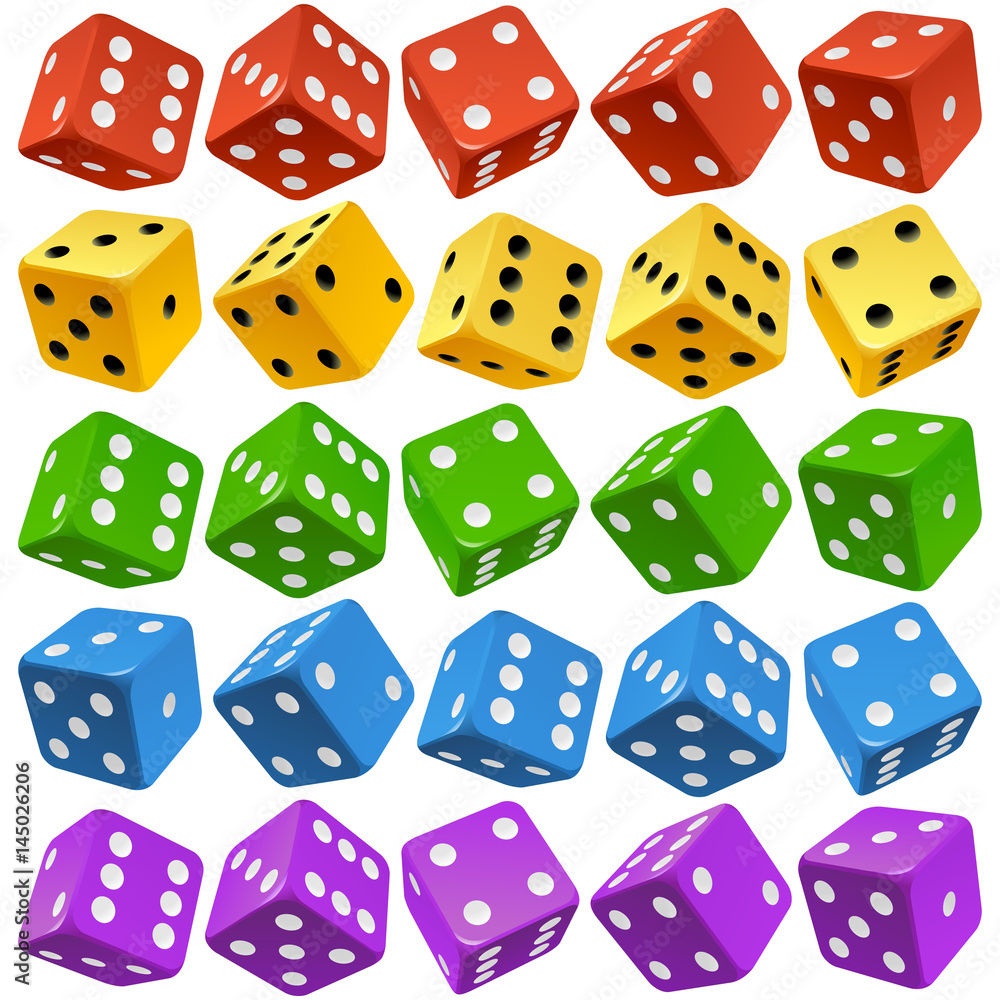 Vector Casino Dice Set of Authentic Icons. Red, Yellow, Green, Blue and Purple Poker Cubes Isolated on White Background. 3d Board Game Pieces Vector Casino Dice Set of Authentic Icons. Red, Yellow, Green, Blue and Purple Poker Cubes Isolated on White Background. 3d Board Game Pieces