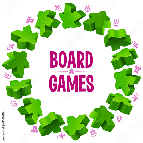 Circle frame of green meeples for board games. Game pieces and resources counter icons isolated on white background. Vector border for design boardgames advertisement or template of geek t-shirt print