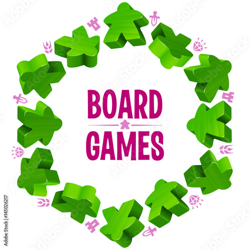 Hex frame of green meeples for board games. Game pieces and resources counter icons isolated on white background. Vector border for design boardgames advertisement or template of geek t-shirt print