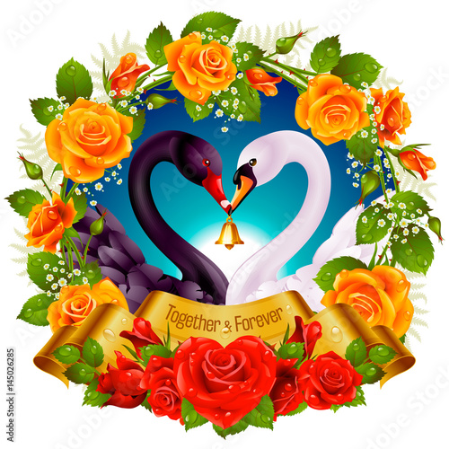 Vector Wreath of Roses, Couple Swans, Ribbon and Dawn Background. Black Cob and White Pen hold a Golden Bell. Birds Neck and Flowers in Heart Shape. Valentines Day Card or Wedding Invitation 