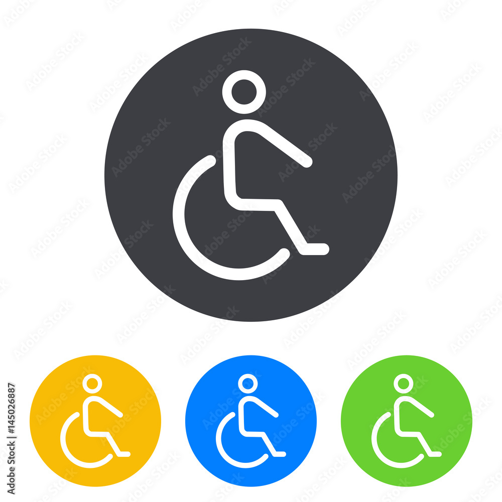 Icono plano silla de ruedas en circulo varios colores Icono plano silla de ruedas en circulo varios colores