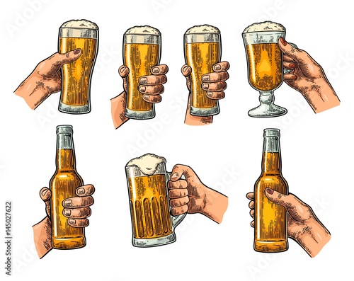 Man and woman hands holding, clinking with beer glass, bottle