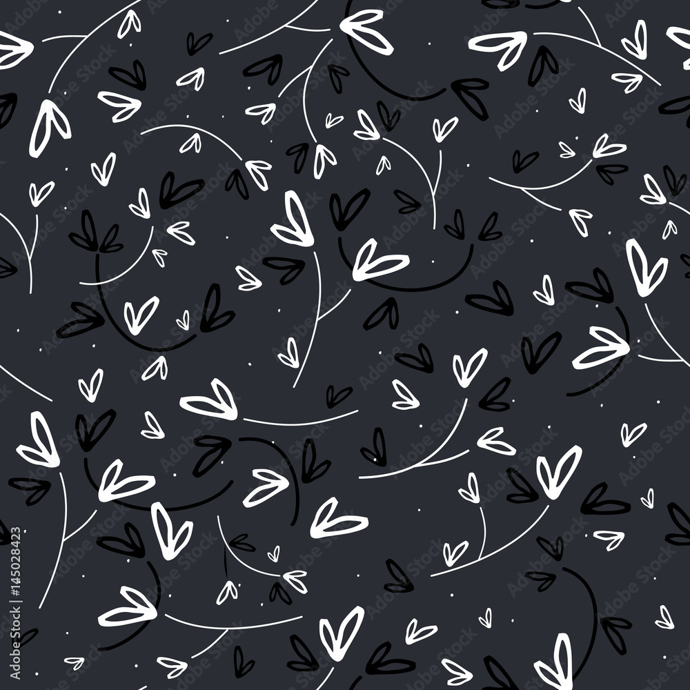 Black and white heart leaves seamless vector pattern on dark gray background. Black and white heart leaves seamless vector pattern on dark gray background.