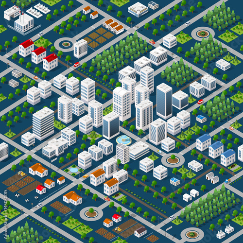 Isometric 3D megapolis city structure seamless pattern with streets, houses, trees and transport