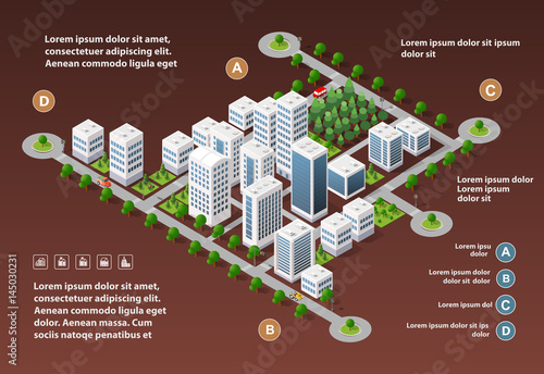 Isometric 3D city megapolis structure urban landscape top view with streets, houses, trees and transport