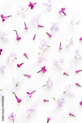 The white background filled with purple spring lilac flowers. Concept of freshness and beautifulness. Flat lay. Top view.