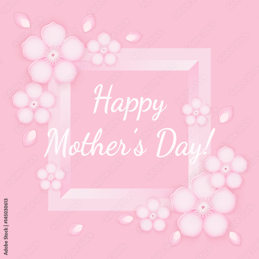 Happy Mothers Day greeting card. Paper flowers with soft shadow vector illustration