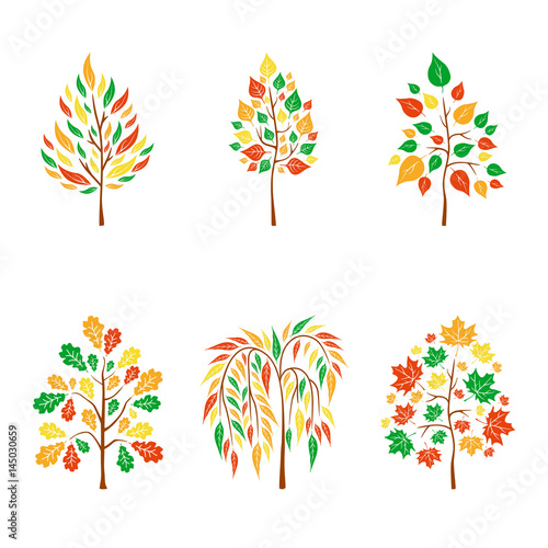 Vector flat autumn trees on white background. Logo design illustration
