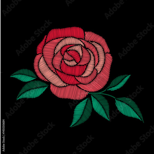 Red rose embroidery on black background. Satin stitch imitation, vector.