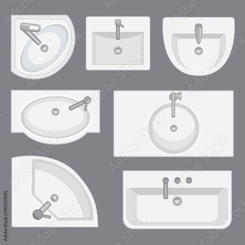 Sinks top view collection.Vector illustration in flat style. Set of different wash basin types.