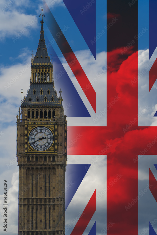 Fototapeta premium Big Ben against cloudy sky, London, United Kingdom with flag