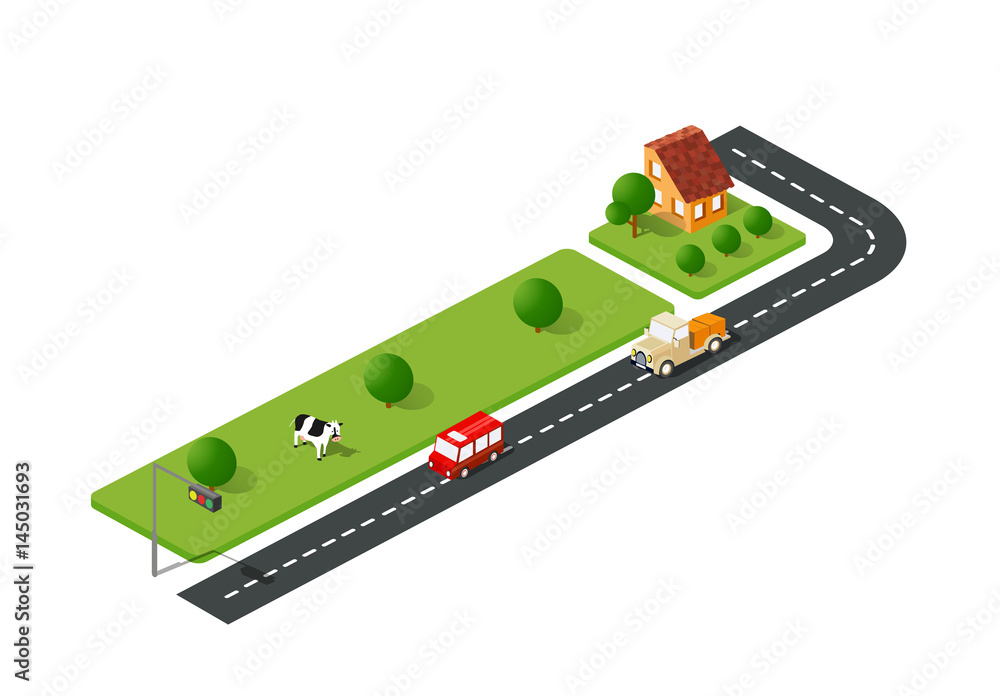 Plakat Miejska ulica droga izometryczny krajobraz miejski i krowa