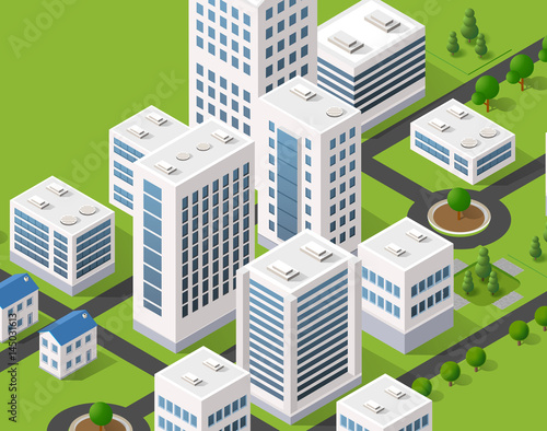 Isometric 3D metropolis city quarter with streets, skyscrapers, trees and houses. Urban landscape top view