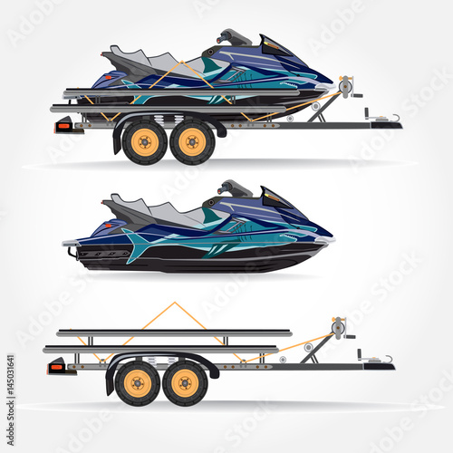 Vector illustration of water scooter and car trailer in flat style