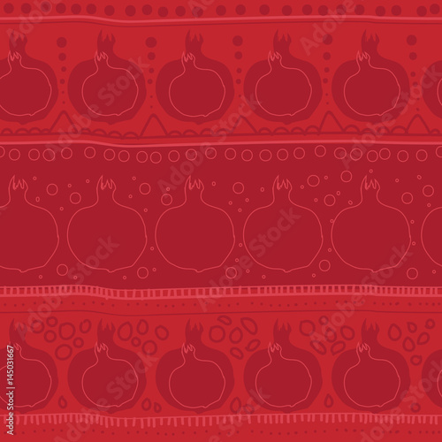 Pomegranate seamles pattern. Red color. Abstract contour, lines, circles and dots. Fruits background