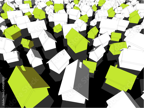 3d illustration of many chaotically standing simple detached houses of different sizes with shadows and green eco houses standing out from others