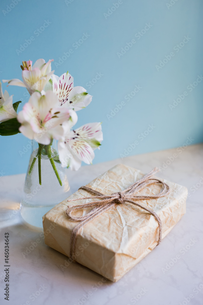 Beautiful tender bouquet of Alstroemeria with parcel Beautiful tender bouquet of Alstroemeria with parcel