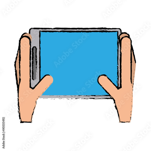drawing hands holds tablet touchscreen trendy vector illustration eps 10