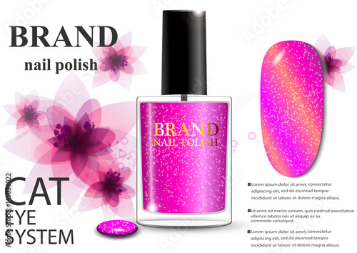 eps 10 vector advertising presentation poster of gel nail polish with cat eye shimmering formula. Innovation nail care cosmetics advertisement banner for web, print. Realistic brand cosmetic tube