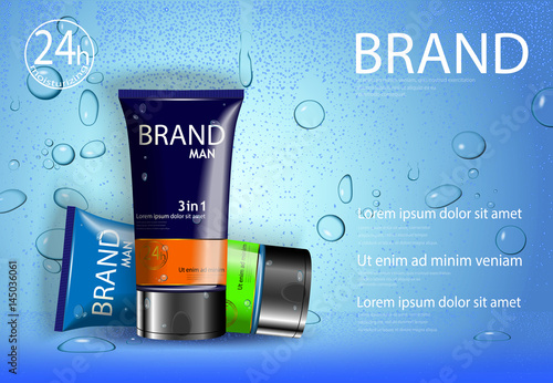eps 10 vector advertising presentation poster of luxury hydrating man face care complex with water drops effect backdrop. Cosmetics advertisement banner for web, print. Realistic brand cosmetic tube