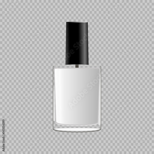 eps10 vector advertising element of realistic nail polish cosmetics glass packaging bottle with black cap isolated on transparent background. Cosmetic web, print presentation tool. Add any brand name