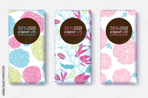 Vector Set Of Chocolate Bar Package Designs With Pink Blue Pastel Floral Patterns. Circle frame. Editable Packaging Template Collection.
