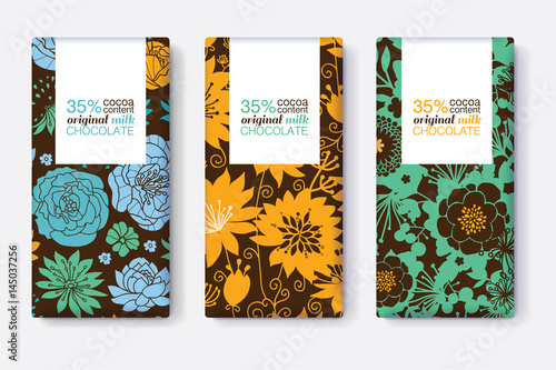 Vector Set Of Chocolate Bar Package Designs With Blue, Yellow, and Green Flor...