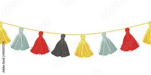 Vector Colorful Hanging Decorative Tassels With Ropes Horizontal Seamless Repeat Border Pattern. Great for handmade cards, invitations, wallpaper, packaging, nursery designs. photo