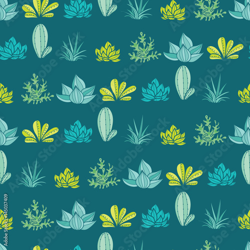 Vector Dark Blue Green Stripes Seamless Repeat Pattern With Growing Succulent...
