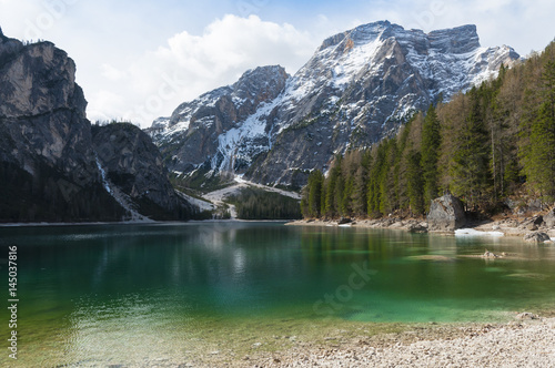 Springer landscape of Braies lake  Trentino  Italy