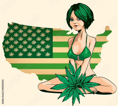 Beauty woman bikini with marijuana leafs. Usa map green with marijuana leafs. Vector image