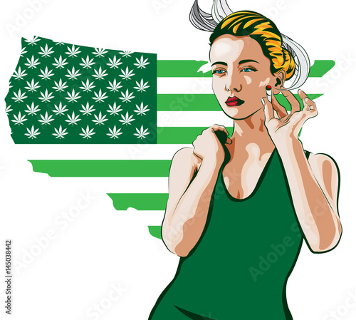 Beauty woman smoke joint. Usa map green with marijuana leafs. Vector image