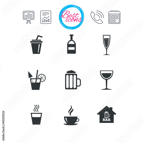 Coffee, tea icons. Alcohol drinks signs. © blankstock