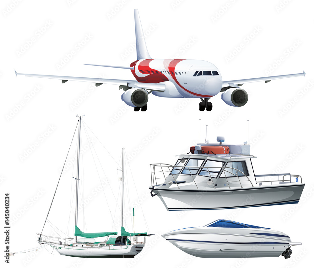 Ships and airplane on white background