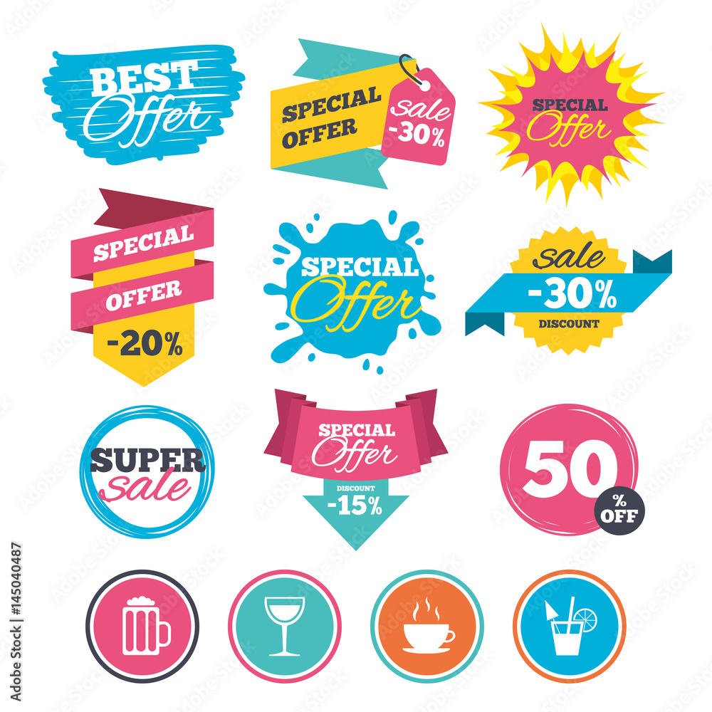 Drinks signs. Coffee cup, glass of beer icons. Drinks signs. Coffee cup, glass of beer icons.